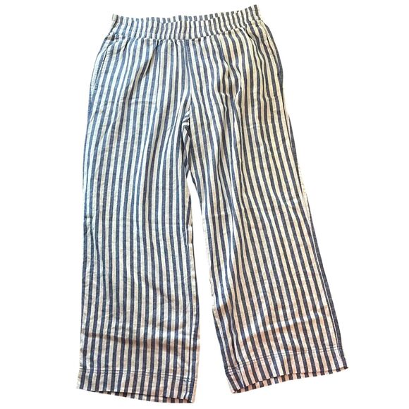 Old Navy Linen Blend Wide Leg Pull On Pants Sz L Navy Blue Striped Coastal Vacay - Picture 1 of 8
